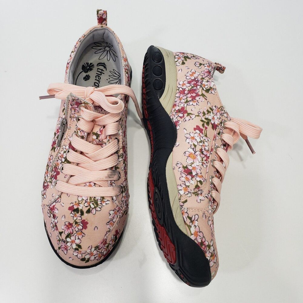 Therafit Floral Athletic Shoes Size 8 Women Pink Zip Cute Comfort - Picture 2 of 9